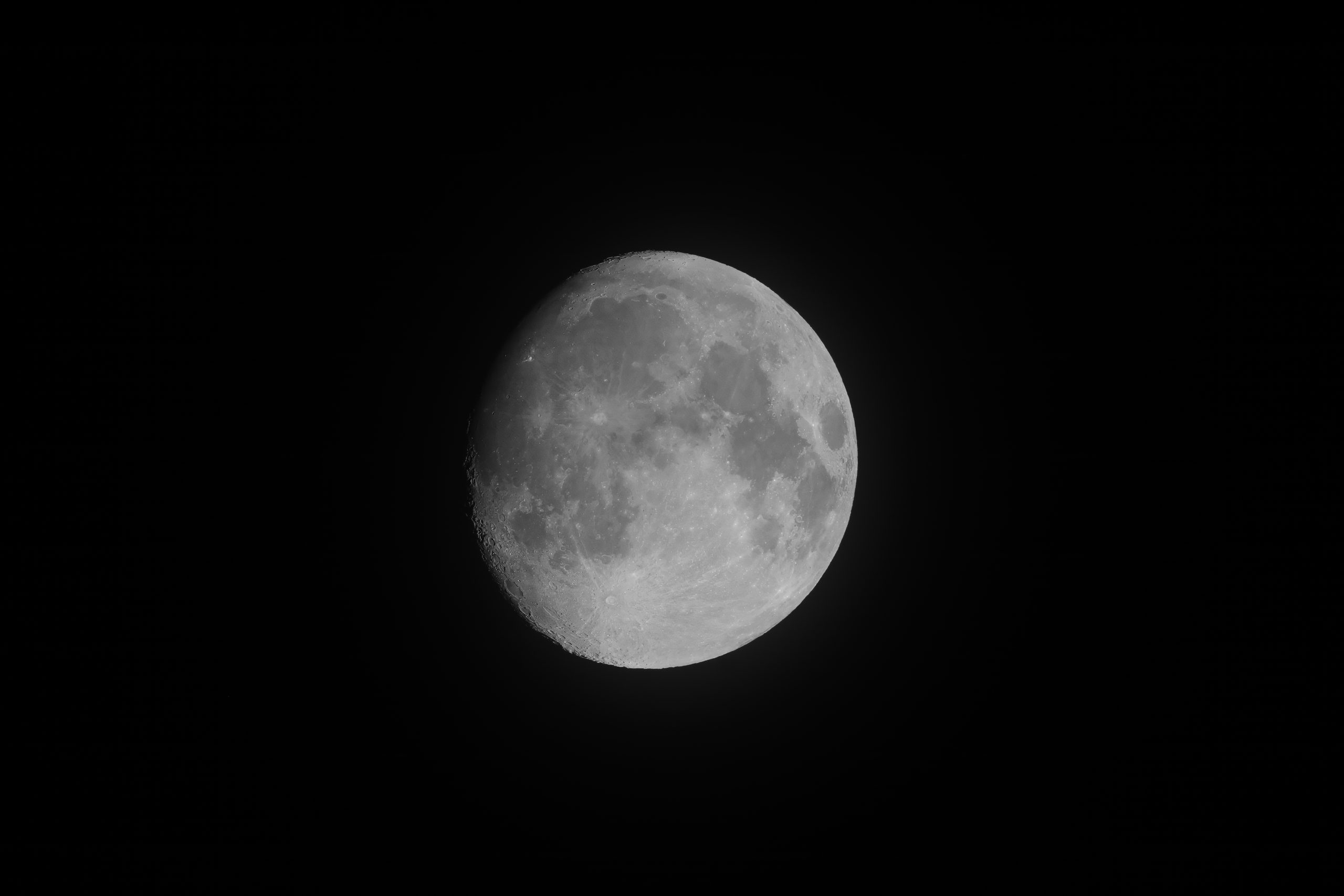 I shot this photo of the Waxing Gibbous Harvest Moon, 93.5% full,10:09 PM Pacific Time, 23 September 2026, Oregon. One shot, no crop! Aperture f/13, SS 1/250 second, ISO-800, AWB 4950 Kelvin, Fujifilm X-H2s camera body, Fujifilm XF 150-600 mm f/5.6-8 R LM OIS WR Lens at 600 mm with 1.4x teleconverter. 35mm focal equivalent 1260 mm. Fujifilm Acros film simulation. Copyright Steve J Davis. All Rights Reserved.